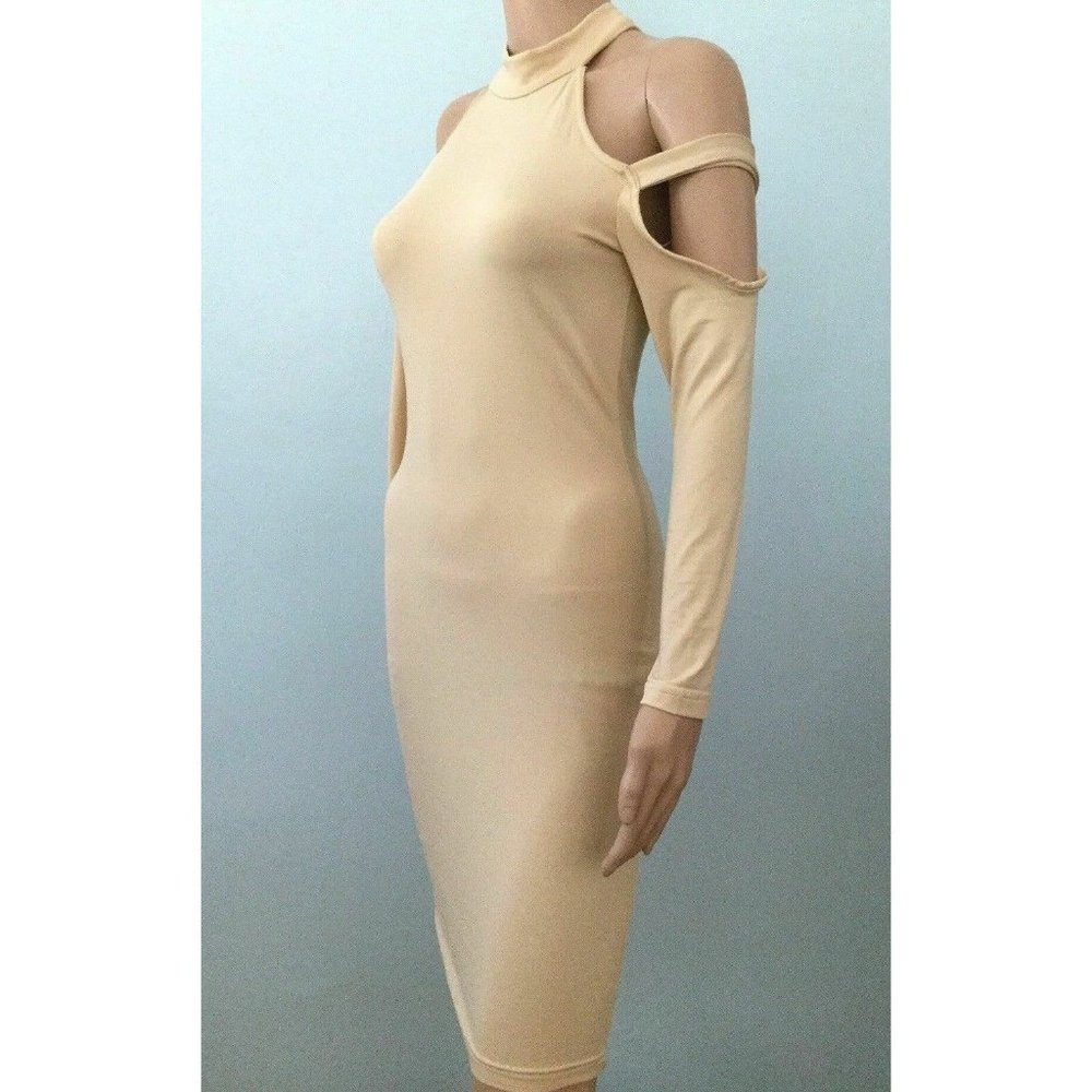 Womens Beige Cold Shoulder Bodycon Sexy Stretch Dress Long Sleeves Mock Neck S